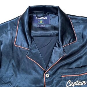New Chubbies Sleep Shirt Men's Large Navy Blue Satin The Captain Button‎ Up NWT